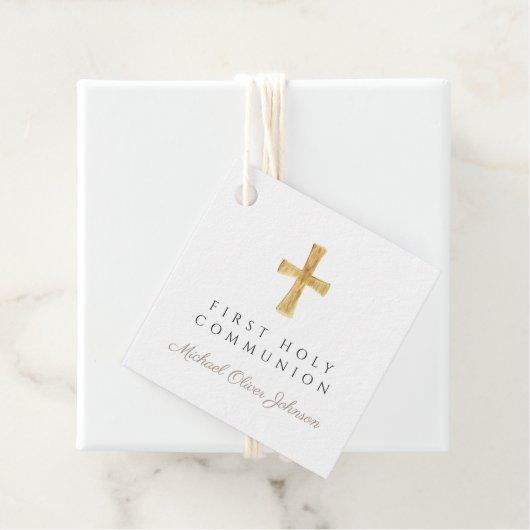 Taupe Script Cross Boy First Communion Geschenkanhänger (Beispiel)