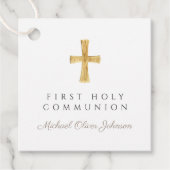 Taupe Script Cross Boy First Communion Geschenkanhänger (Vorderseite)