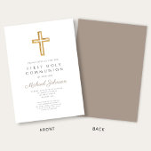 Taupe Script Religious Cross Boy First Communion Einladung