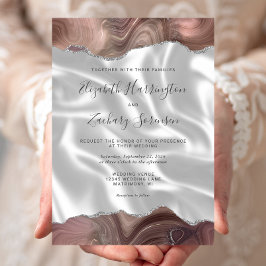 Taupe Silver Agate White Silk Wedding Einladung