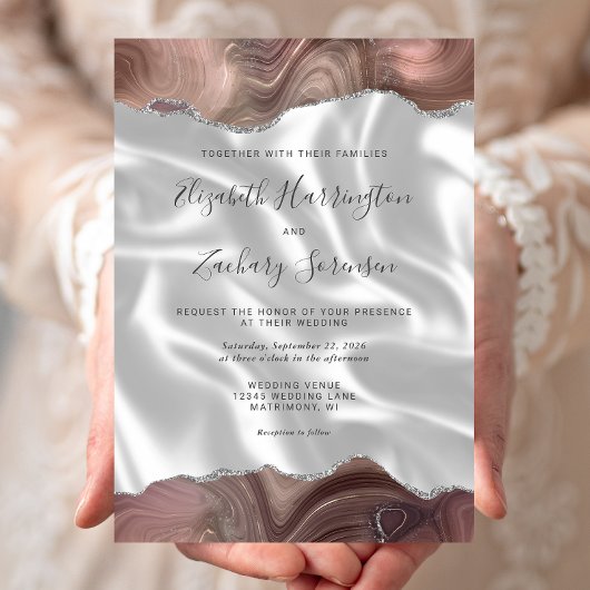 Taupe Silver Agate White Silk Wedding Einladung