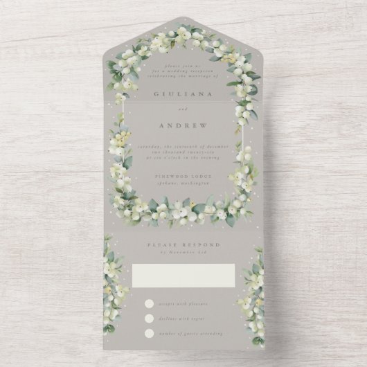 Taupe Snowberry+Eukalyptus Hochzeitempfang nur All In One Einladung (Innen Boden)
