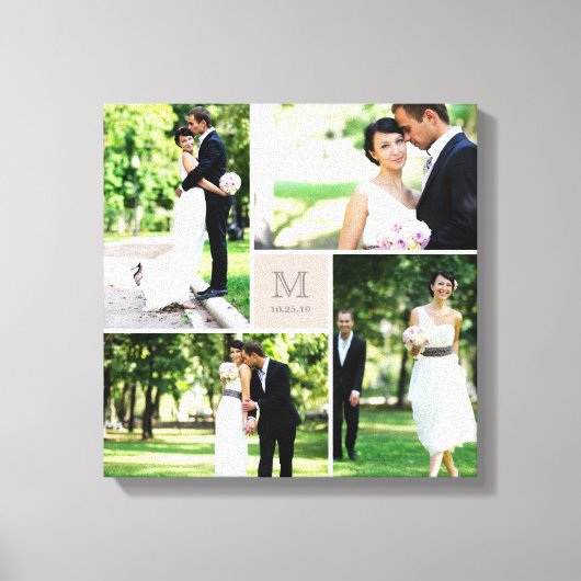Taupe Square Grid Monogram Wedding 4 Foto Collage Leinwanddruck (Vorderseite)