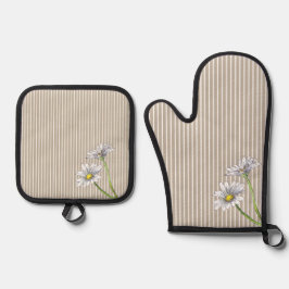 Taupe-Streifen-Wasserfarben-Gänseblümchen-Cottage  Ofenhandschuh & Topflappen-Set