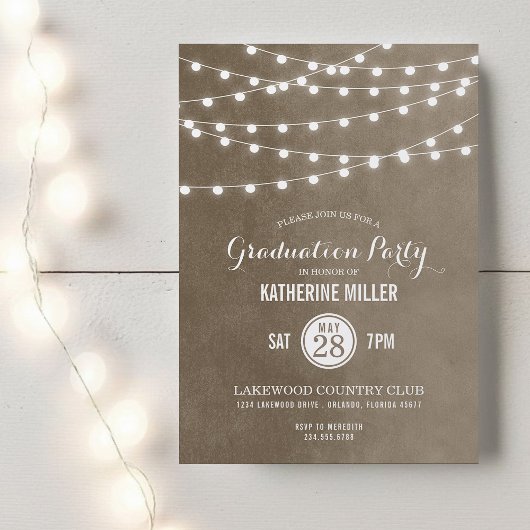 Taupe String Lights Graduation Party Einladung