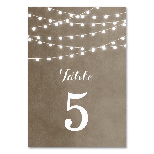 Taupe String Lights Hochzeiten Tischnummern (Vorderseite)