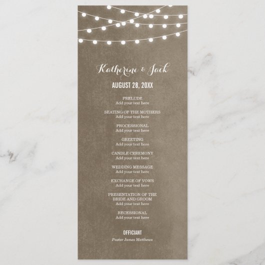 Taupe String Lights Hochzeitsprogramm Programm (Vorderseite)