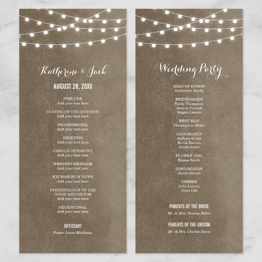 Taupe String Lights Hochzeitsprogramm Programm