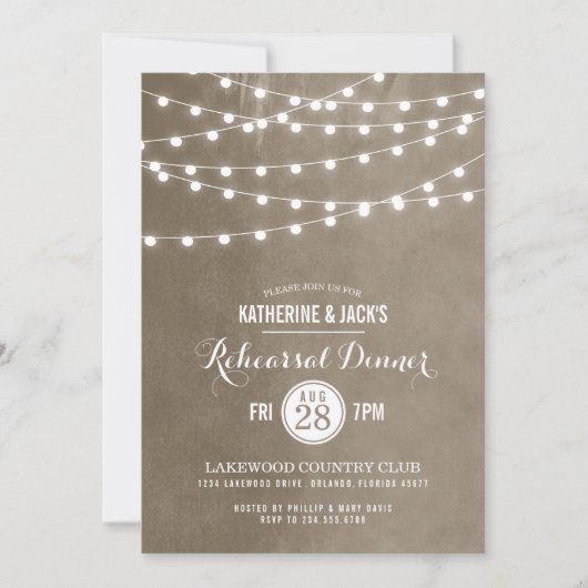 Taupe String Lights Probe Dinner Einladung (Vorderseite)