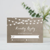 Taupe String Lights Wedding RSVP Card Karte (Stehend Vorderseite)