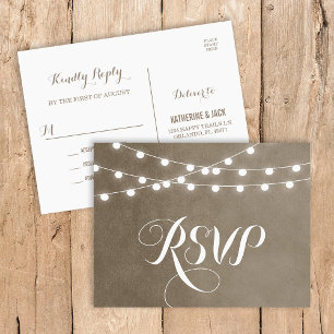 Taupe String Lights Wedding RSVP Postcard Einladungspostkarte