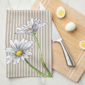 Taupe Striped Floral Watercolor Daisy Geschirrtuch (Viertel Falte)