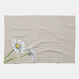 Taupe Striped Floral Watercolor Daisy Geschirrtuch