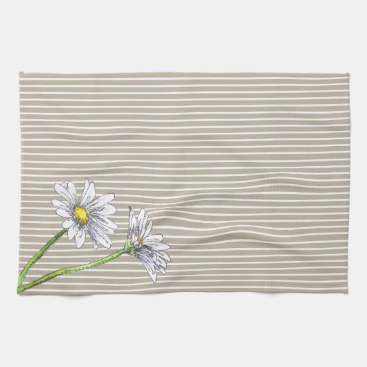 Taupe Striped Floral Watercolor Daisy Geschirrtuch (Horizontal)