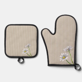 Taupe Striped Floral Watercolor Daisy Ofenhandschuh & Topflappen-Set
