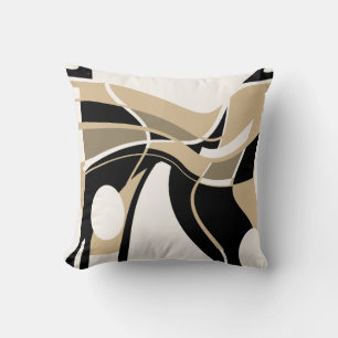 Taupe Tan Black auf Off-White Swirling Art Motif Kissen