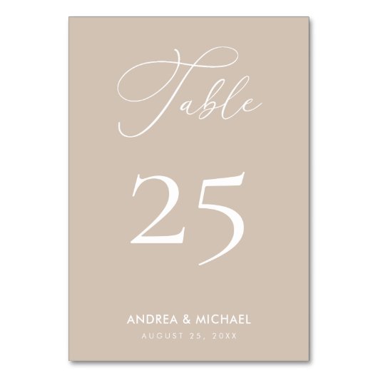 Taupe Tan Elegant Calligraphy Boho Spring Wedding Tischnummer (Vorderseite)