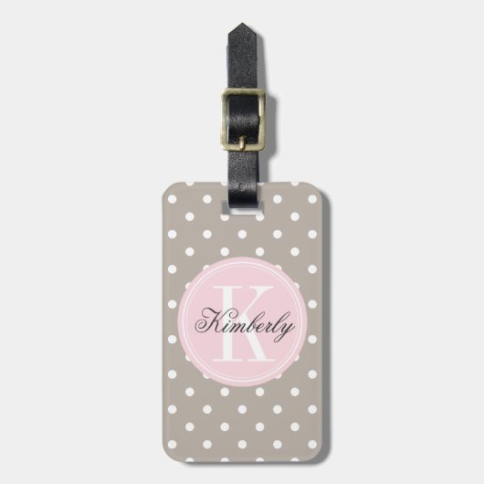 Taupe-Tupfen mit rosa Monogramm Gepäckanhänger (Vorderseite vertikal)