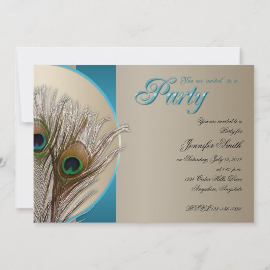 Taupe und Aqua-Pfau-Feder-Party Einladung (Vorderseite)