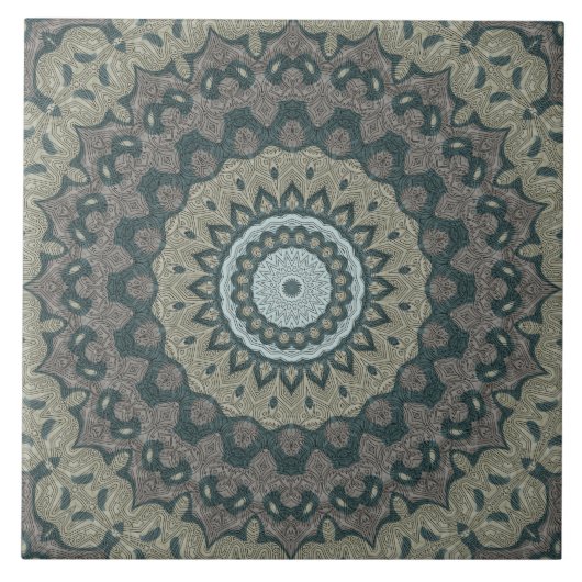 Taupe und Aquamarin Mandala mit Tribal Symmetrie Fliese (Vorderseite)