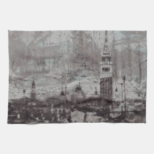 Taupe und Cyan Distressed Skyline Venice Italien Geschirrtuch (Horizontal)