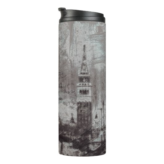 Taupe und Cyan Distressed Skyline Venice Italien Thermosbecher (Nach rechts gedreht)