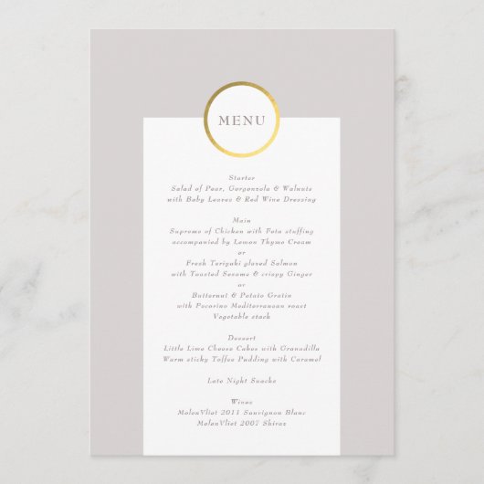 Taupe und Gold Foil Circle Mongram Wedding Menükarte (Vorderseite)