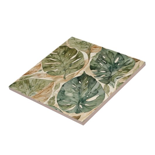 Taupe und grüne Monstera Nahtlose Keramik Tile Fliese (Seite)