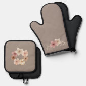 Taupe und Rosa Floral Ofenhandschuh & Topflappen-Set (Vorderseite/Rückseite)