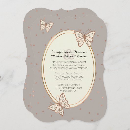 Taupe und Rose Goldschmetterlingshochzeit Einladung (Vorne/Hinten)