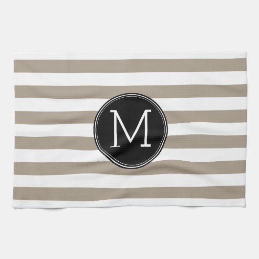 Taupe und weißes Streifenmuster Schwarzes Monogram Handtuch (Horizontal)