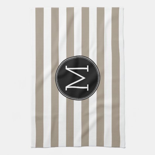 Taupe und weißes Streifenmuster Schwarzes Monogram Handtuch (Vertikal)