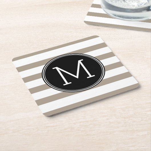 Taupe und weißes Streifenmuster Schwarzes Monogram Rechteckiger Pappuntersetzer (angewinkelt)