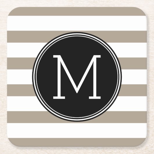 Taupe und weißes Streifenmuster Schwarzes Monogram Rechteckiger Pappuntersetzer (Vorderseite)