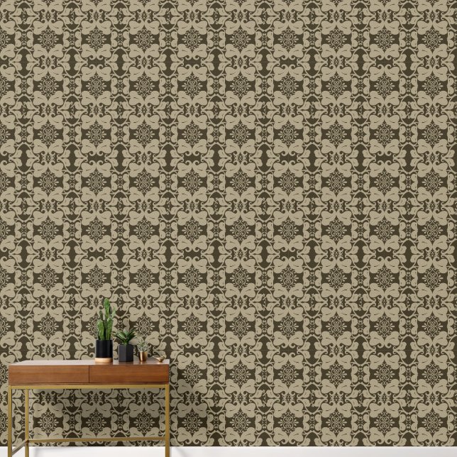 Taupe Verziert Scroll Leaf Muster Tapete (Korridor)