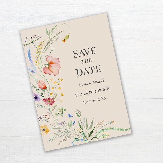 Taupe Wasserfarbe Wildblumen Save the Date Karte