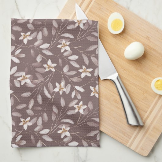 Taupe Watercolor Eucalyptus Floral  Geschirrtuch (Viertel Falte)