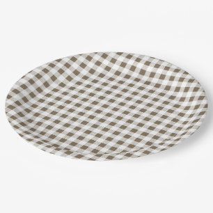 Taupe-weißes Gingham-Muster Pappteller