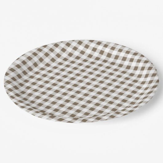 Taupe-weißes Gingham-Muster Pappteller (Schrägansicht)