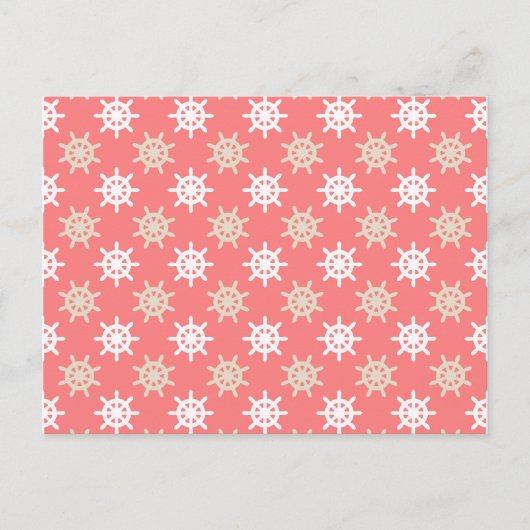 Taupe White and Coral Ships Wheel Nautical Muster Postkarte (Vorderseite)