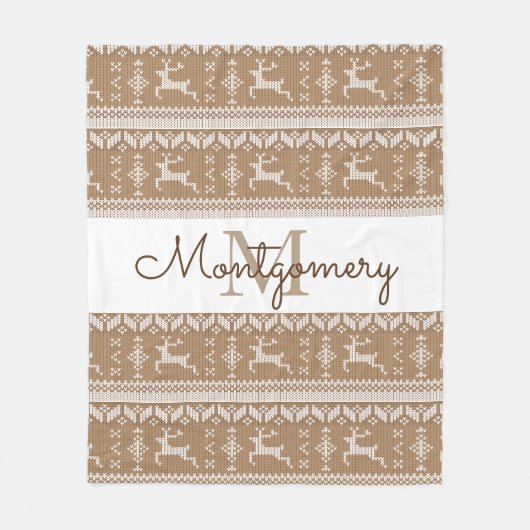 Taupe & White Rentier Nordic Sweater Pattern Fleecedecke (Vorderseite)