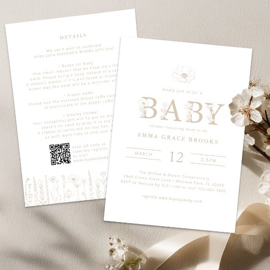 Taupe Wildflower Baby Shower All-in-One Invitation Einladung