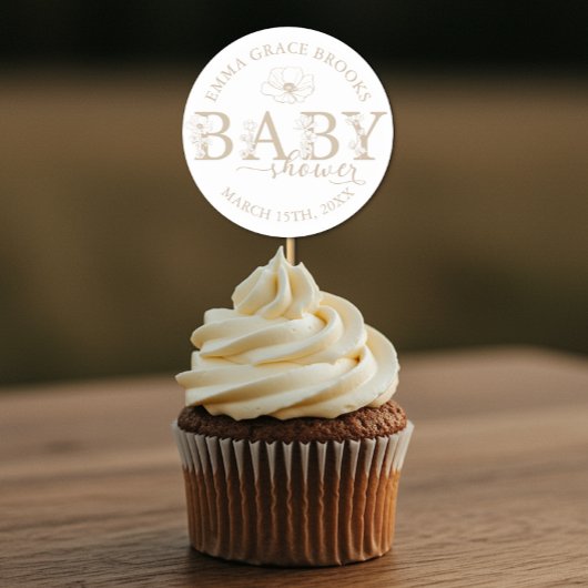 Taupe Wildflower Baby Shower Round Favor Sticker