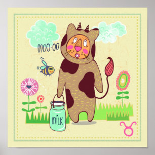 Taurus Bull Cat Zodiac Kinderzimmer Print Poster