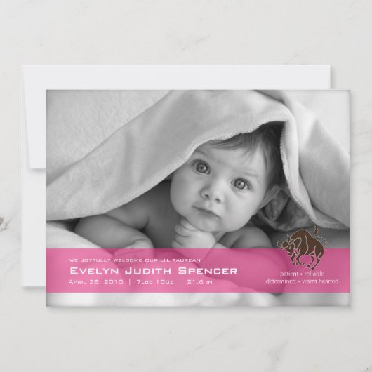 Taurus the Bull Foto Birth Announcement Card Ankündigung (Vorderseite)