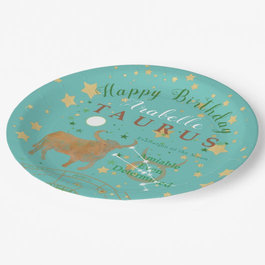 Taurus Vintag Zodiac Personalisiert Pappteller (Schrägansicht)