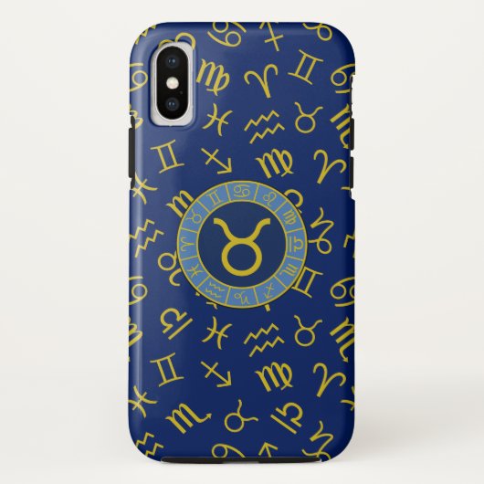 Taurus Zodiac+Astrology Symbole Muster Gold+Blues Case-Mate iPhone Hülle (Rückseite)