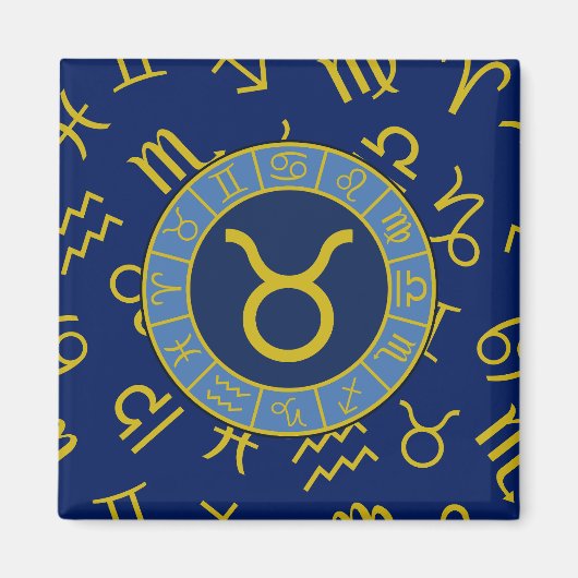 Taurus Zodiac+Astrology Symbole Muster Gold+Blues Magnet (Vorne)