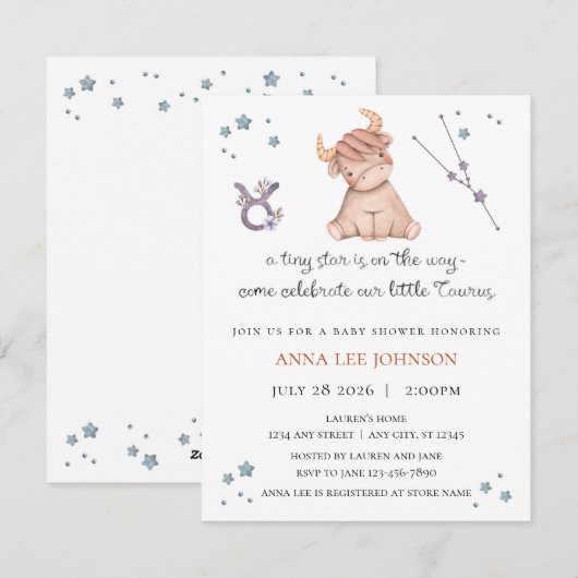 Taurus Zodiac Baby Shower Invitation Feiertagskarte (Vorne/Hinten)