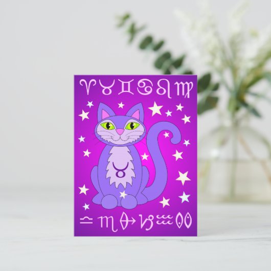 Taurus Zodiac Cat Lila Postkarten (Stehend Vorderseite)
